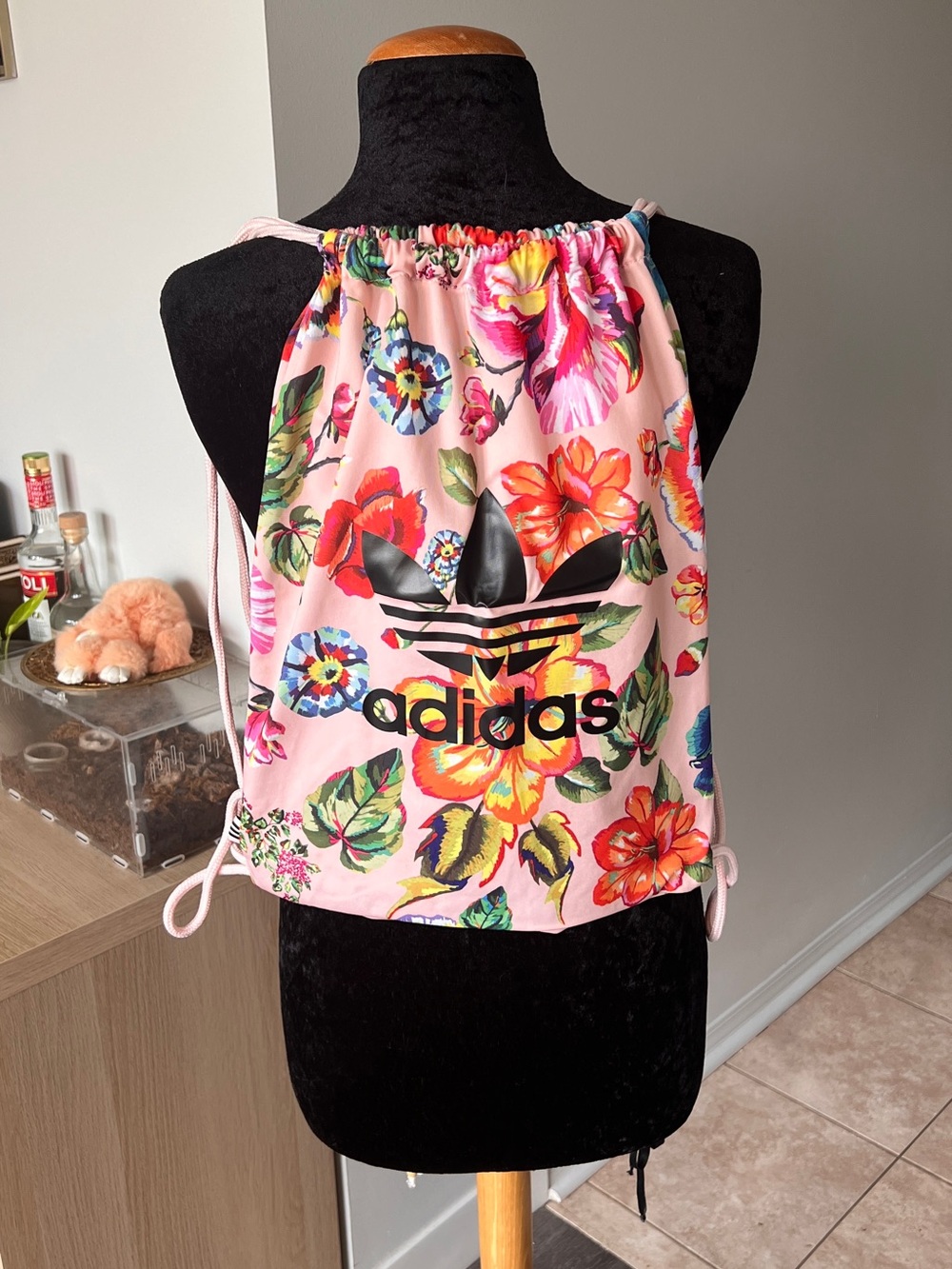 Adidas x THE FARM Pink Floral Drawstring Bag with Black Logo
